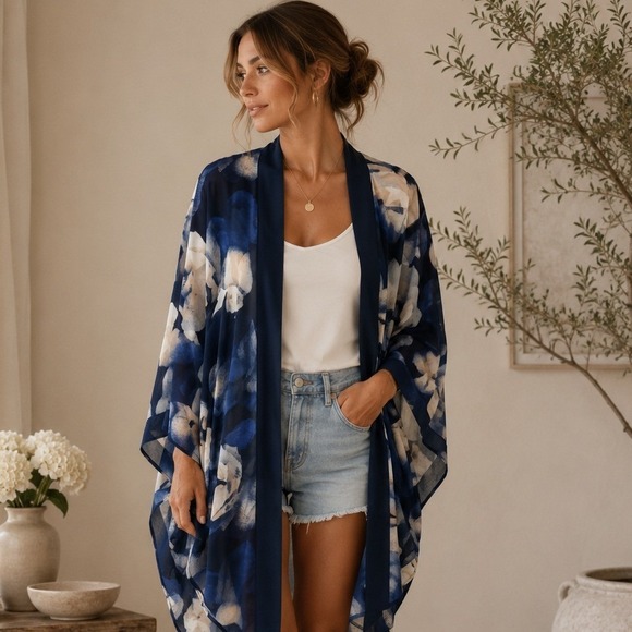 a new day Accessories - A New Day Cream Navy Floral Kimono Waterfall Sleeves Beach Coastal Boho Bohemian